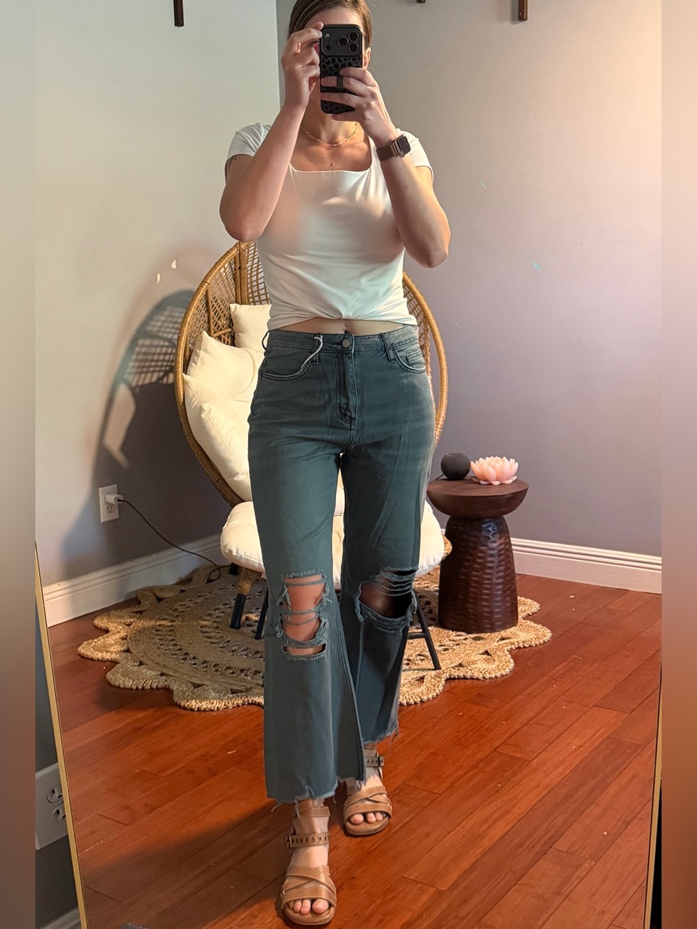 Vervet High-Rise Distressed Wide-Leg Jeans in Slate Green